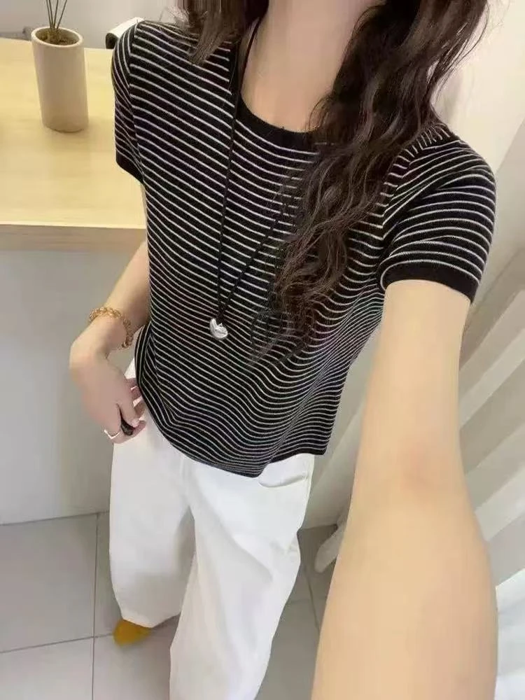 丽丽家~细条纹黑短袖时尚休闲百搭圆领上衣291