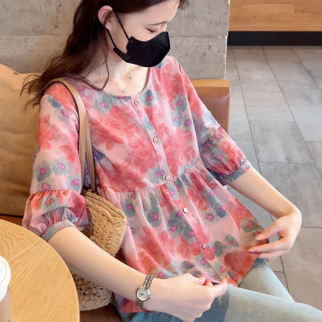 碎花衬衫女2025夏季新款设计感圆领荷叶边拼接宽松大码显瘦上衣潮