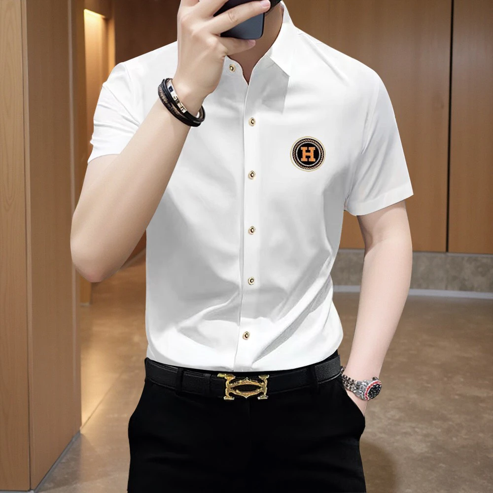 欧洲站商务休闲冰丝衬衣男潮高端免烫抗皱弹力H短袖衬衫男士修身
