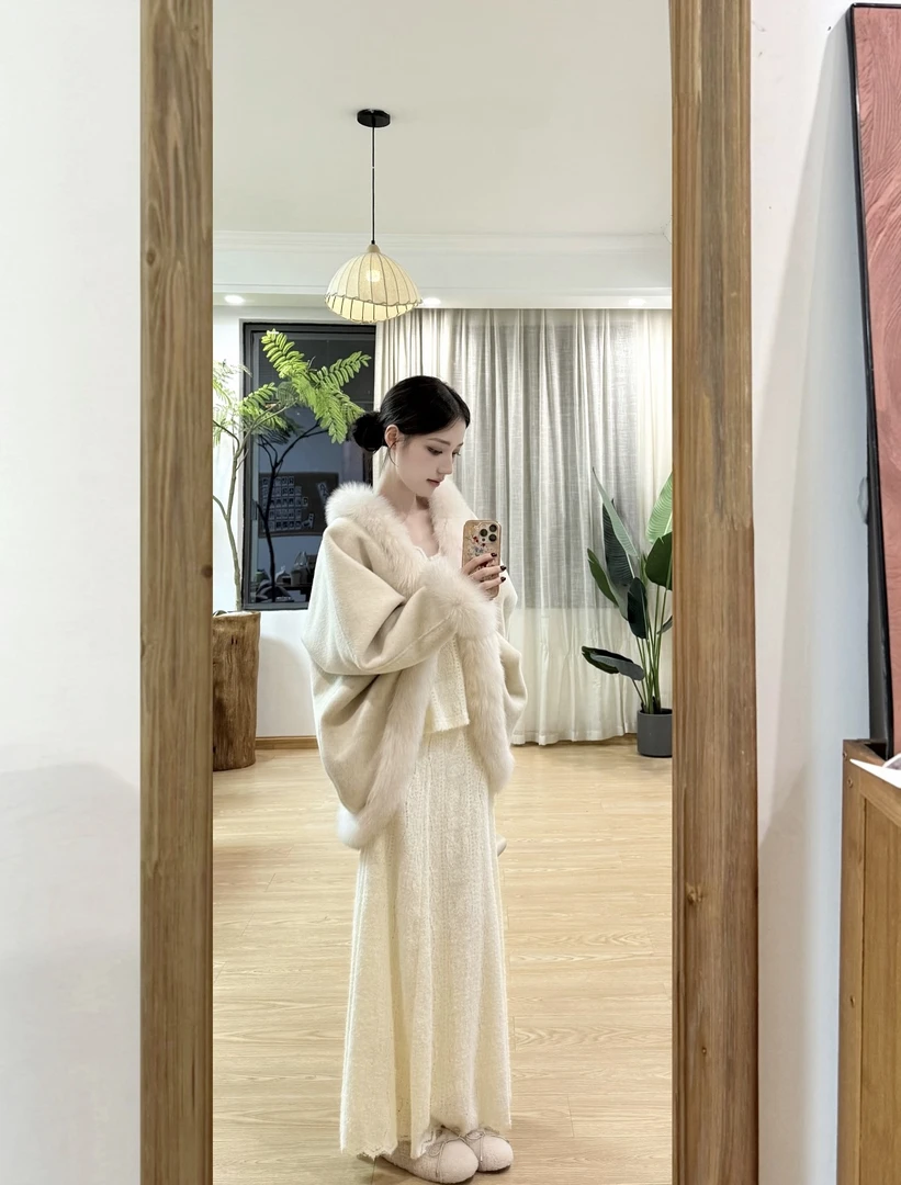 2026新款毛领毛呢外套+蕾丝收腰V领长袖上衣+高腰长裙三件套女