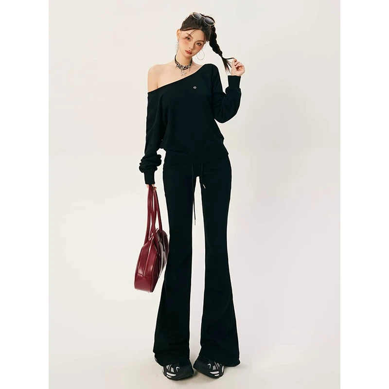 黑色微喇叭卫裤女2025春秋新款lulu同款休闲显瘦百搭修身裤子