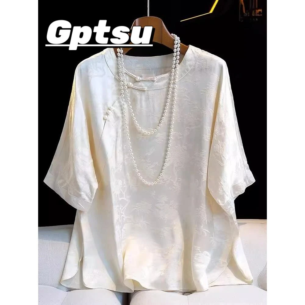 GPTSu大码300斤胖mm新中式复古国风短袖衬衫女装夏装盘扣衬衣上衣