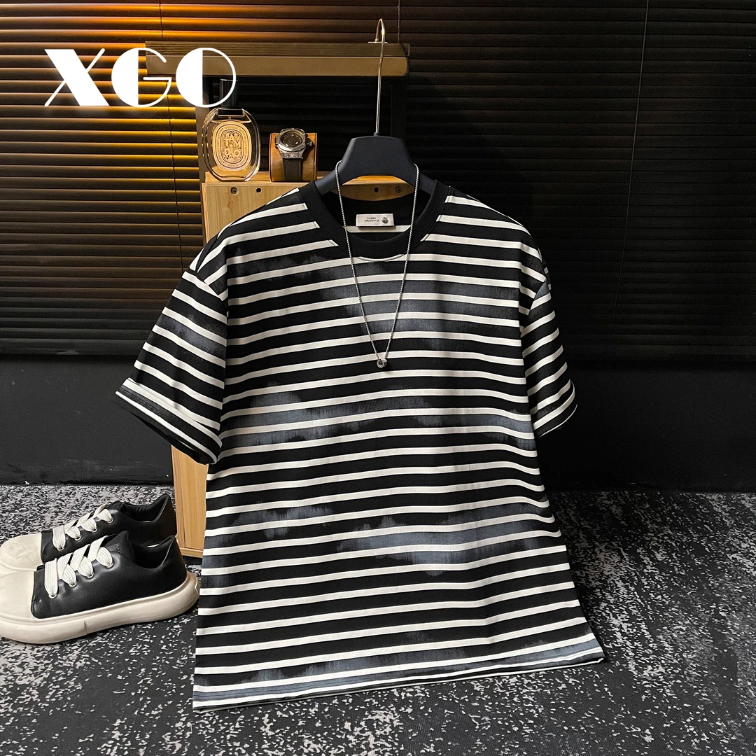 【XGORAD】夏季男士晕染时尚条纹撞色设计潮流冰感棉圆领短袖T恤男