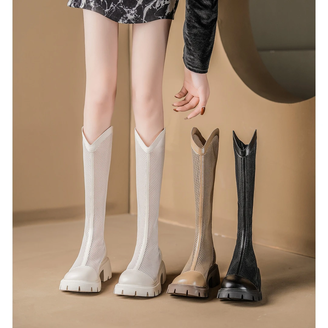 夏季长筒靴女白色薄款透气网纱厚底骑士靴镂空v口网靴夏天穿靴子