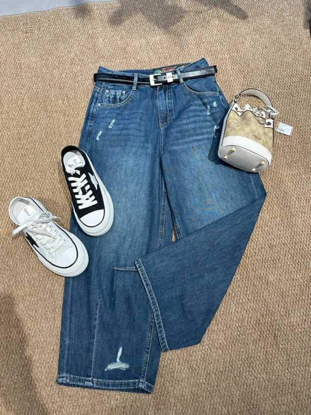 女士时尚水洗蓝色直筒宽松休闲百搭牛仔裤662破洞夏季潮流