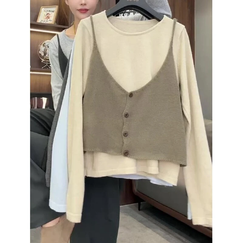 温柔风套装吊带马甲+长袖针织衫叠穿两件套宽松显瘦时尚秋冬上衣