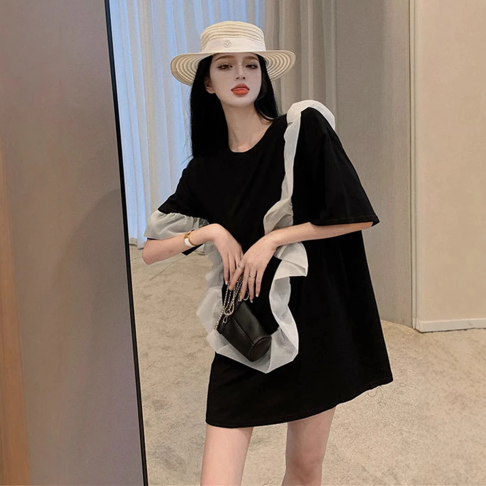 欧货设计感黑色短袖T恤女夏季韩版潮牌小众网纱拼接宽松休闲上衣