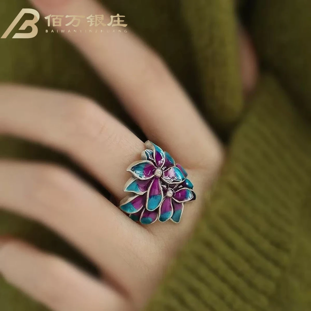 足银戒指 【佰万银庄】足银999.9古风花神之谧蓝之心珐琅彩桂花戒指