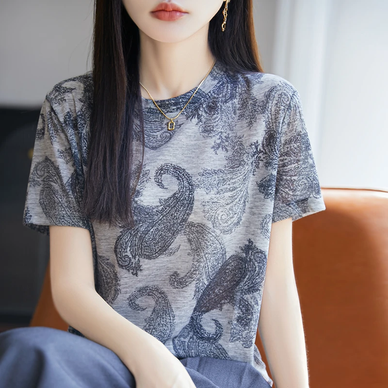 品牌2025夏新款洋气印花圆领休闲短袖T恤女时尚百搭减龄宽松上衣