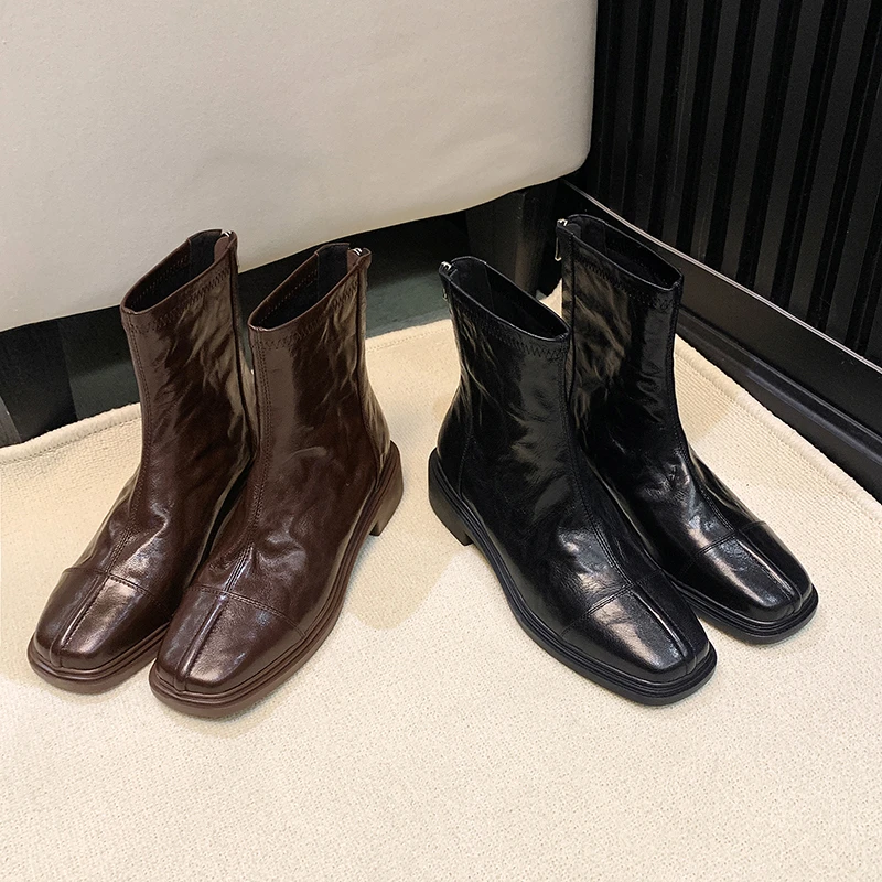 内增高切尔西短靴2025新款真皮女款方头粗跟气质百搭女春秋瘦瘦靴