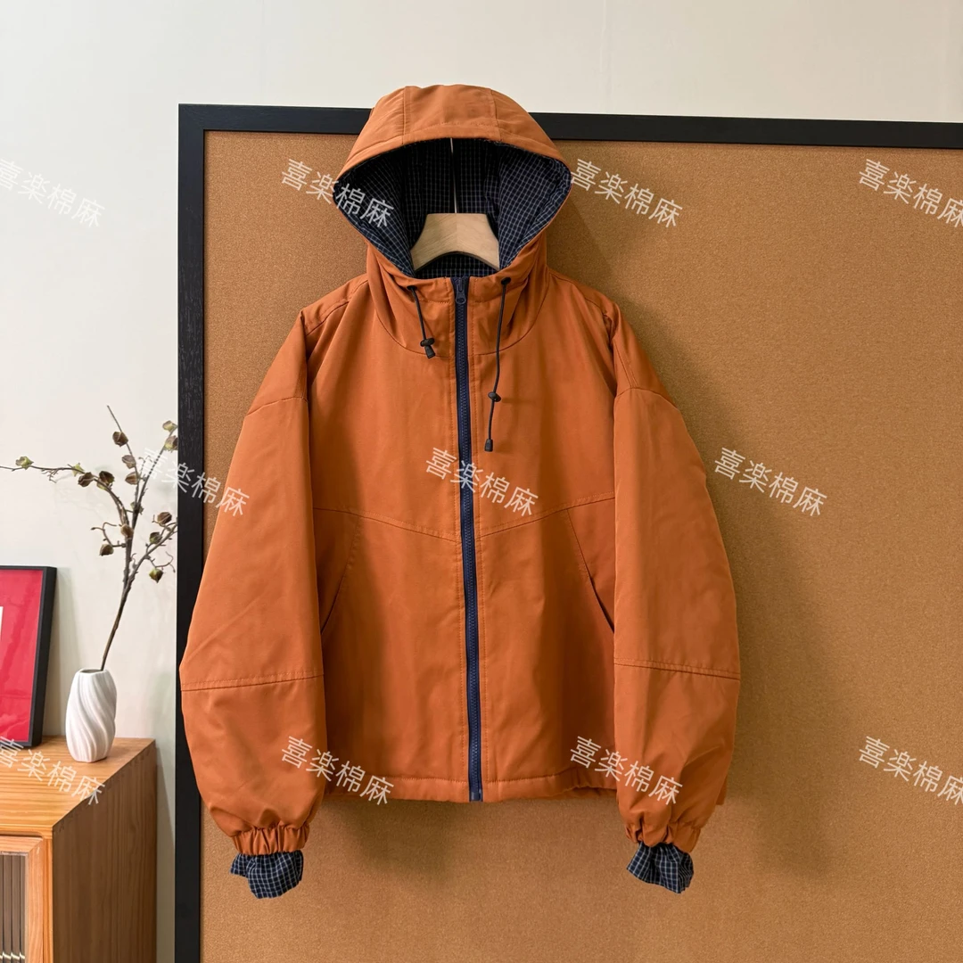 喜樂  2025连帽格纹拼接夹棉棉服外套冬季新款时尚百搭休闲简约女