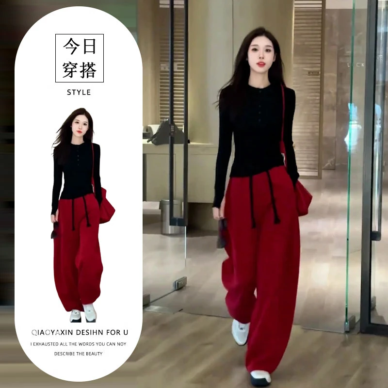 时尚运动风休闲套装女秋季2025爆款修身显瘦黑色卫衣阔腿裤两件套