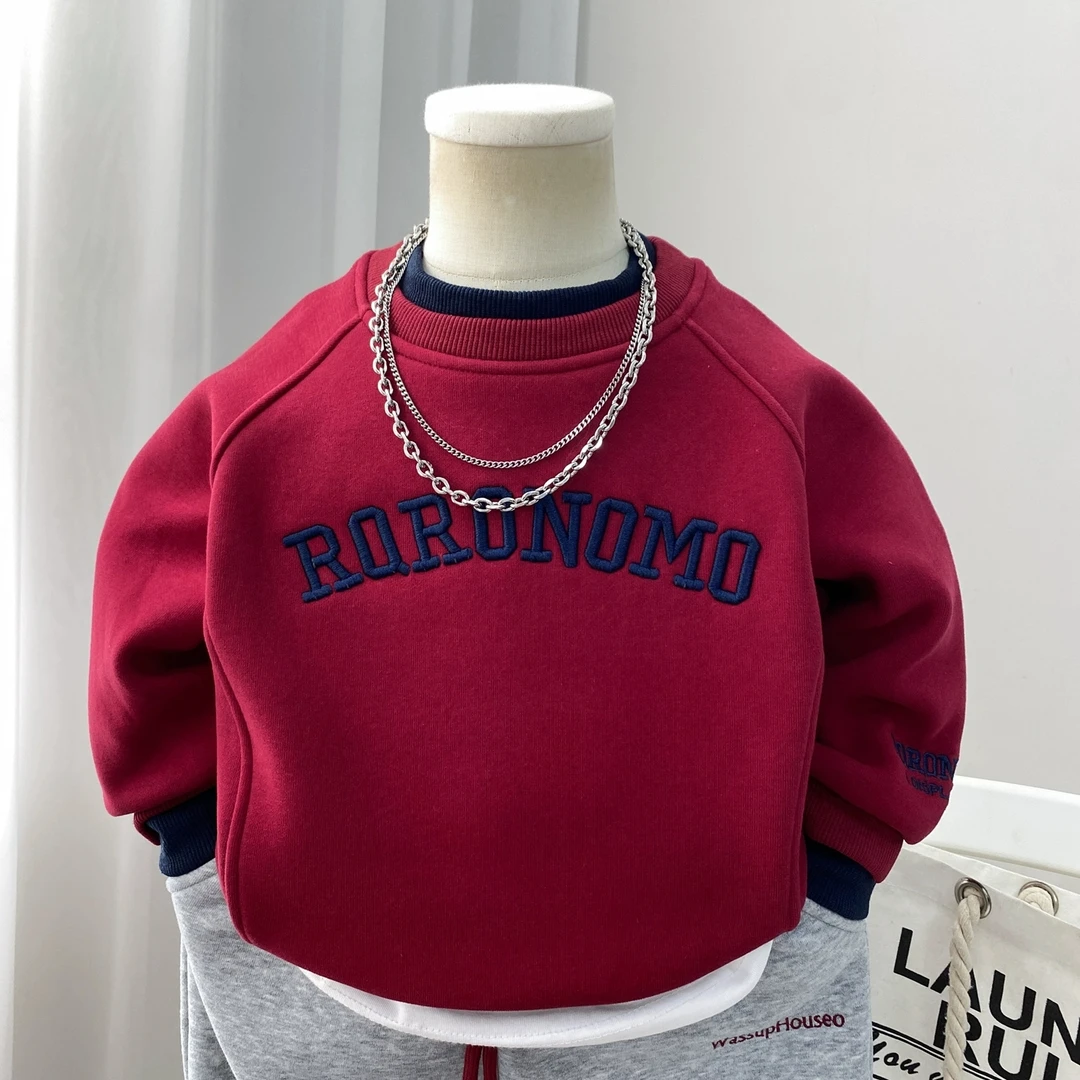 男童加绒卫衣秋冬款2025新款儿童一体绒打底衫上衣冬季潮男孩红色