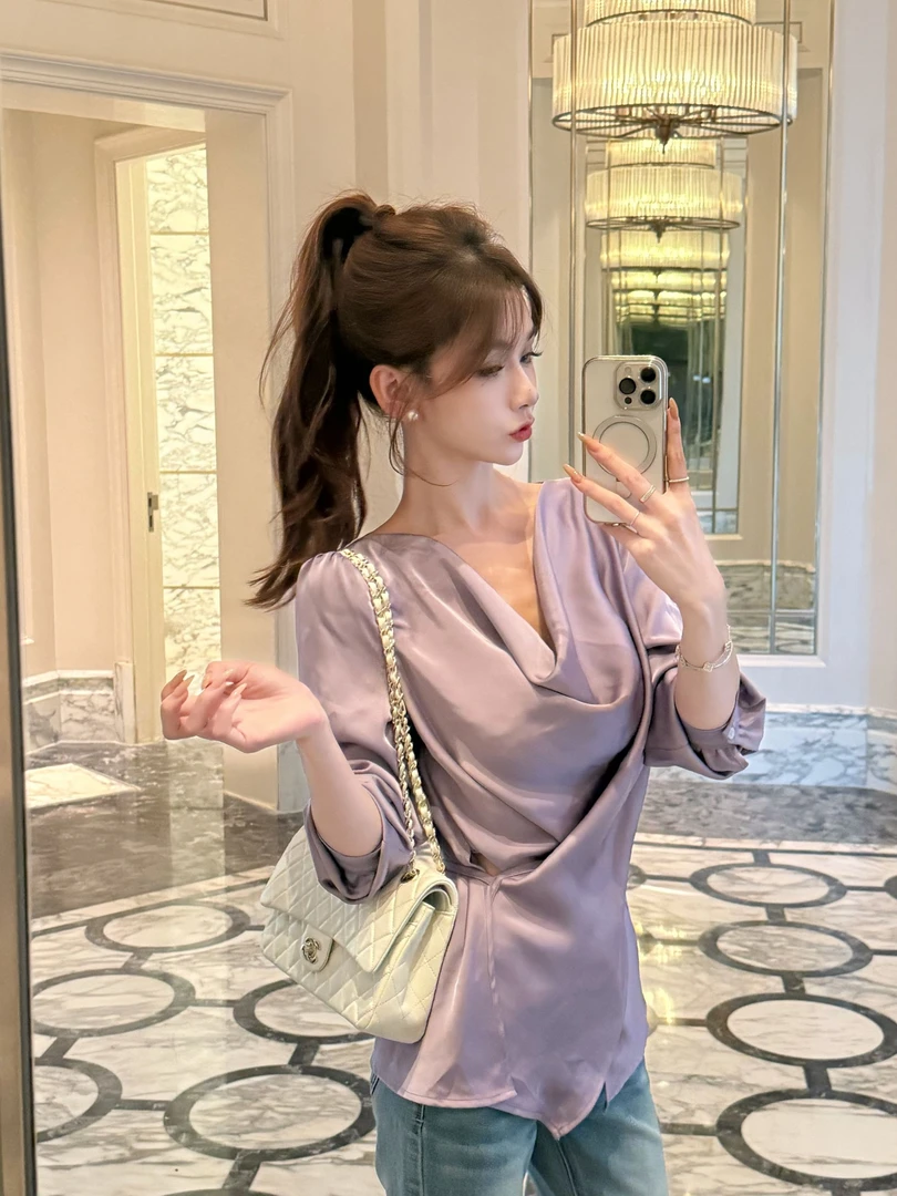 【水波鸢尾】荡领长袖设计感系带收腰高级感chic别致上衣