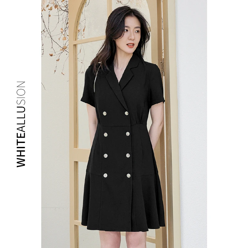 年终大促【564】西装连衣裙女中长款收腰高级气质赫本风小黑裙