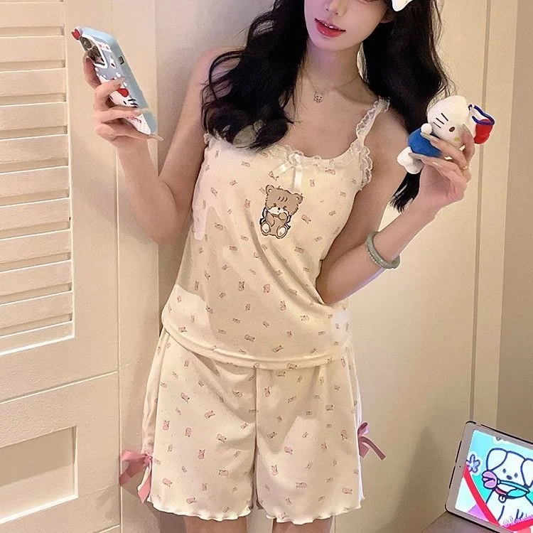 【碎花熊带胸垫】ins甜美卡通印花吊带睡衣女夏季套装家居服可外穿
