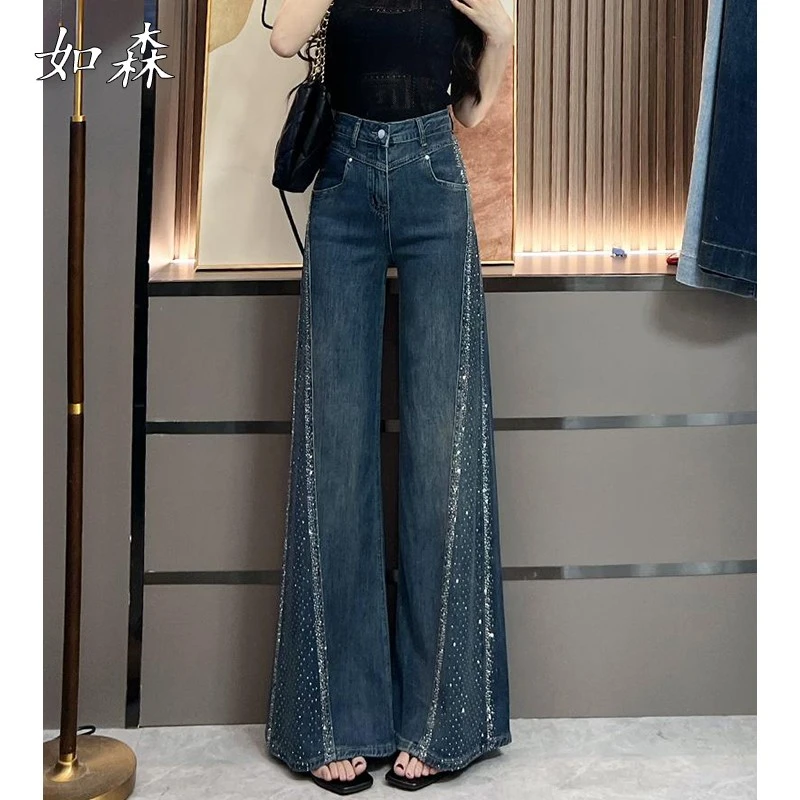 2025夏季新款时尚高腰显瘦阔腿裤高级感烫钻设计感微喇牛仔裤女潮