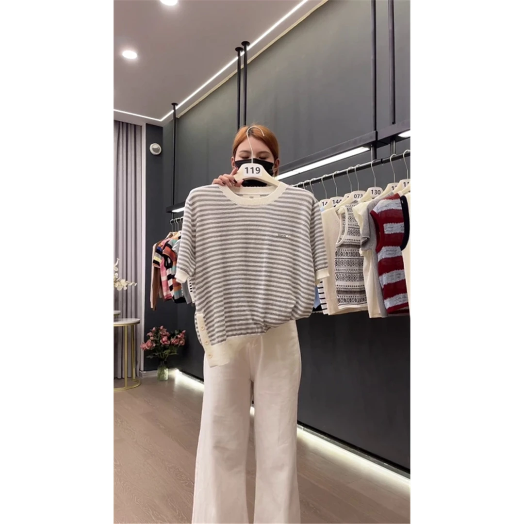 嘉姐家~圆领灰条纹短袖针织衫显瘦百搭上衣女ZJ098A1F