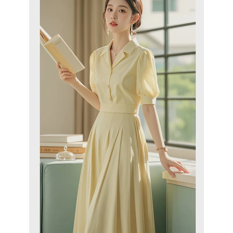 2025新款长裙轻奢高级感超好看法式气质黄色衬衫连衣裙子女装夏季