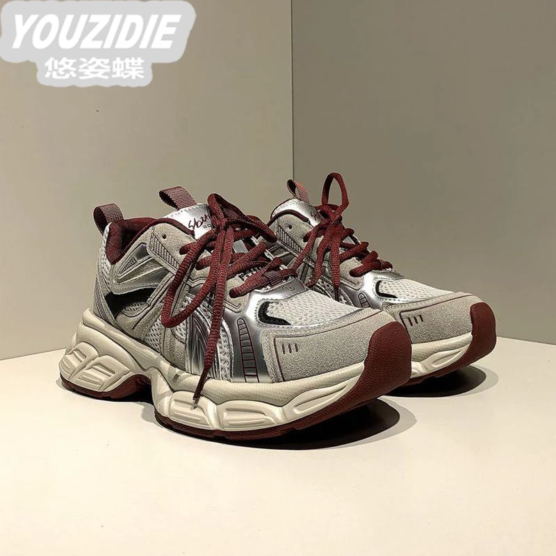 2025秋季新款女鞋厚底增高老爹鞋安可拉红透气休闲运动鞋子ins潮