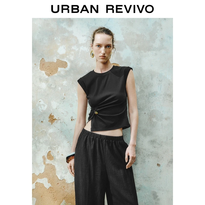 UR2025夏季新款女装休闲气质金属装饰褶皱收腰T恤UWH450055