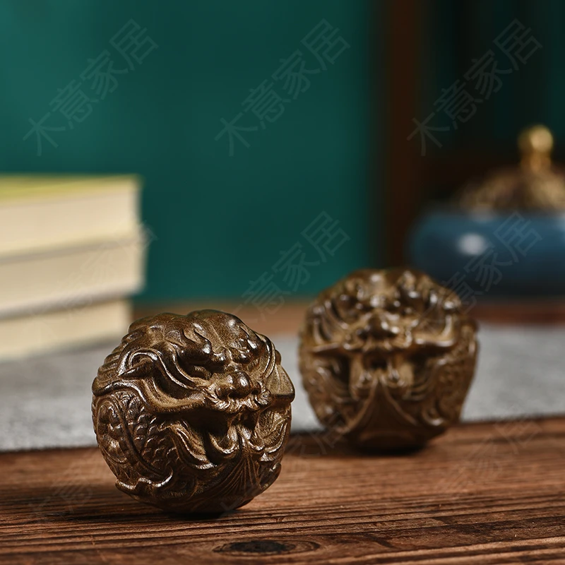 木意-金丝楠阴沉木精雕龙头5公分(一对）保健球