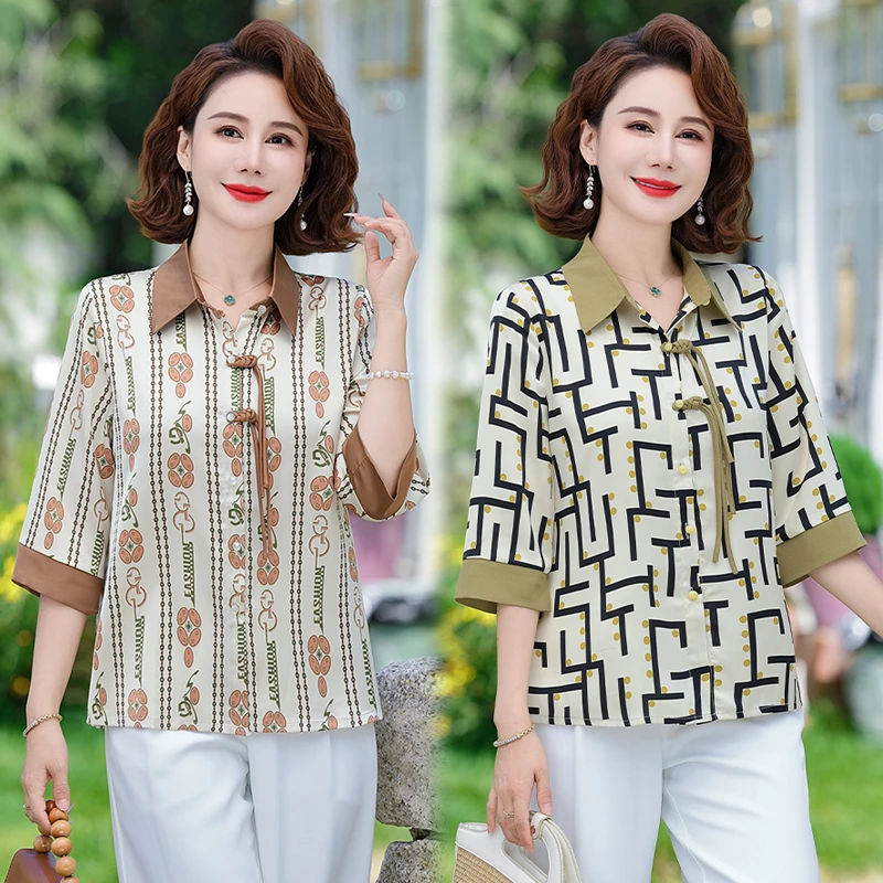 时尚妈妈装春夏装翻领印花雪纺衬衫新款洋气小衫中老年夏季短袖