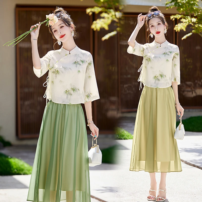 新中式风改良旗袍套装连衣裙女装2025新款夏季上衣半身裙两件套