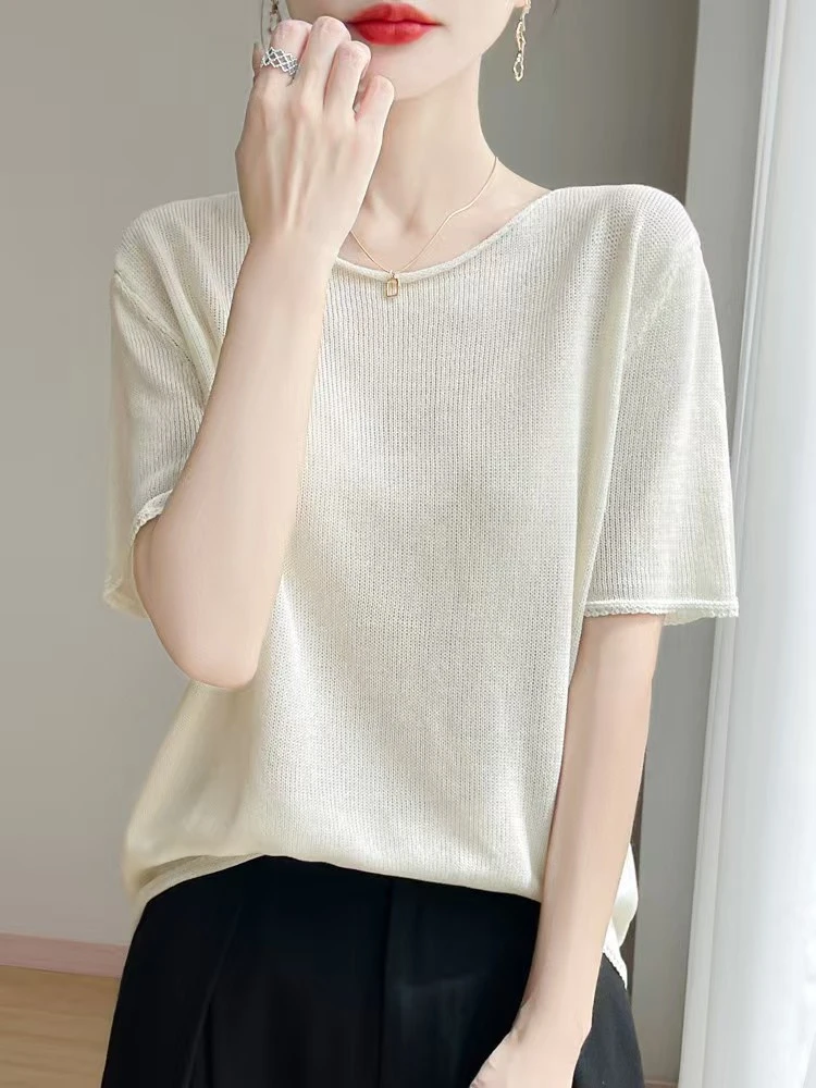 冰丝时尚圆领卷边针织短袖T恤036