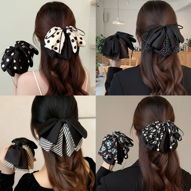 秋冬新款波点印花抓夹高级感豹纹蝴蝶结马尾夹后脑勺盘发抓鲨鱼夹