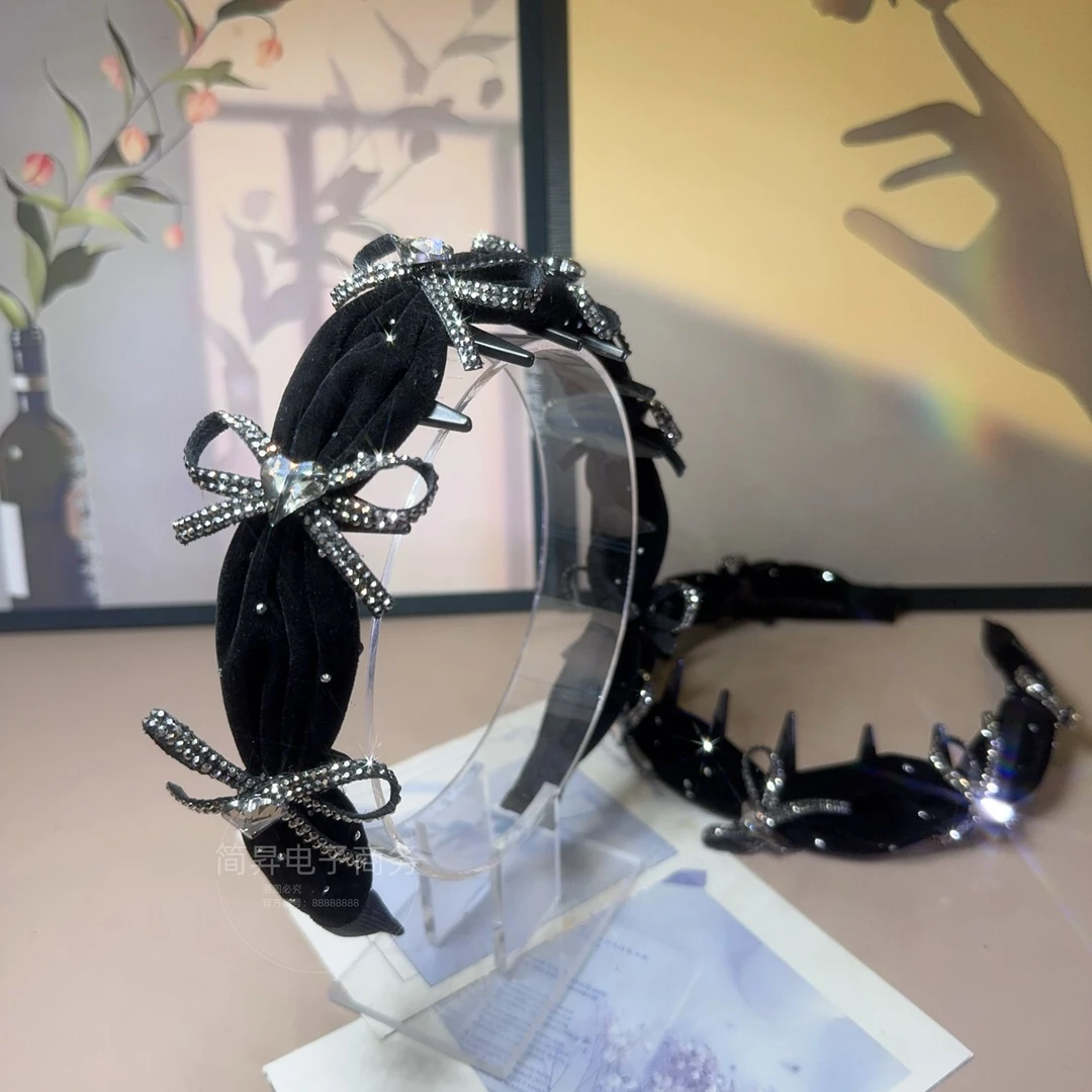 韩版高颅顶爱心镶钻蝴蝶结时尚百搭气质倒齿纹理感发箍T0961
