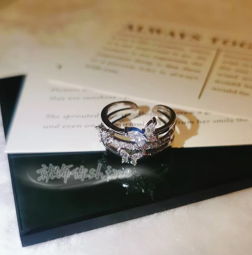 铜合金锆石戒指 韩式轻奢双层蝴蝶锆石戒指