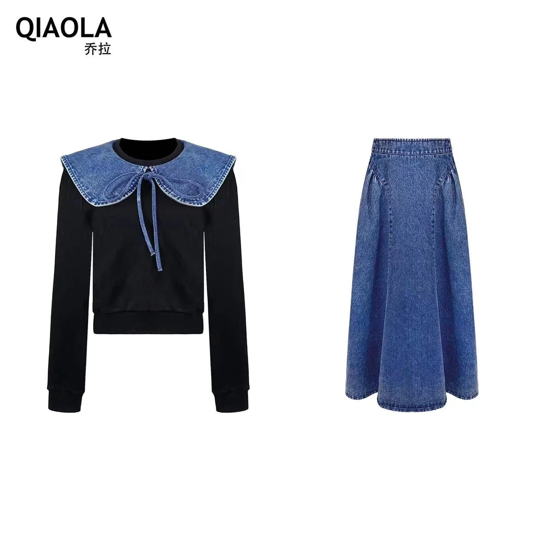 QIAOLA/乔拉【蓝风之恋】春款针织拼接牛仔翻领绑带轻奢套装预售