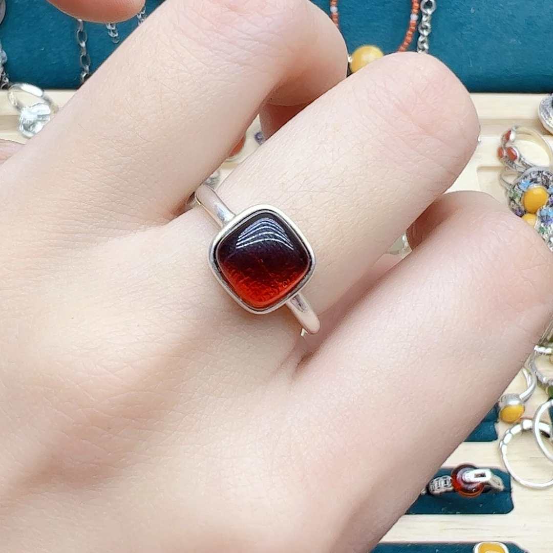 血珀戒指银S925镶嵌天然