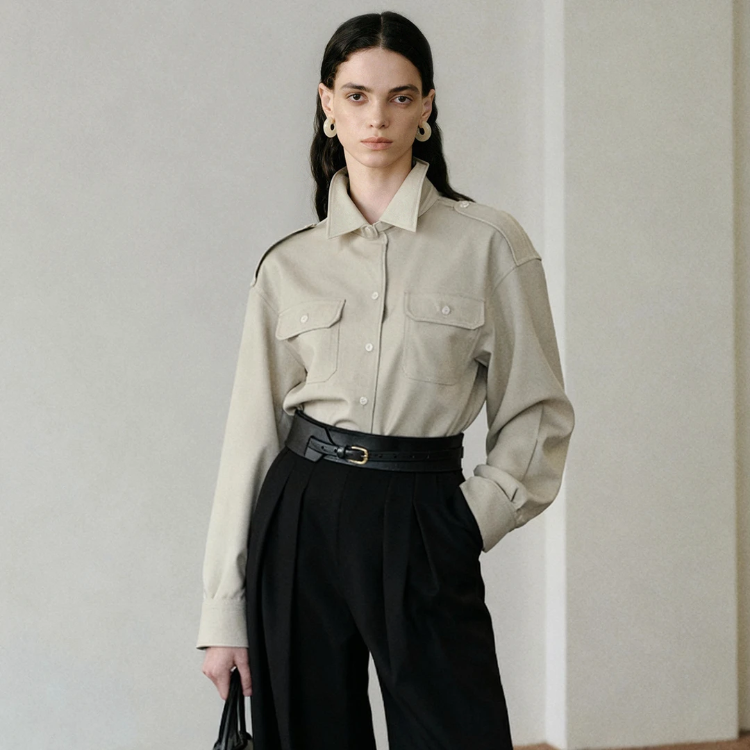 LYNEE【都市猎装】贴袋肩章衬衫女工装风立领衬衣外套TGD2FAW013