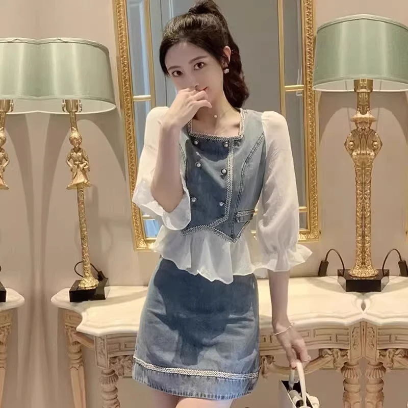 网红炸街时尚减龄短裙套装女春夏新款小个子可甜可盐牛仔裙两件套