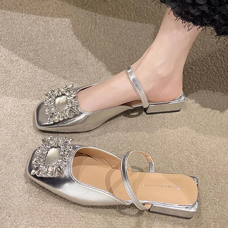 法式粗跟包头拖鞋女仙女鞋子2025年新款夏季方头水钻玛丽珍单鞋