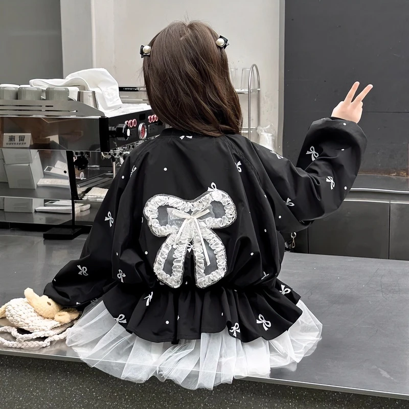 女童外套春秋季2025新款潮儿童冲锋衣休闲上衣网纱蝴蝶结时髦洋气