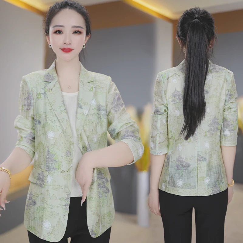 【高货定制】B1077绿色妈妈小西装外套女2025新款夏季西服上衣薄
