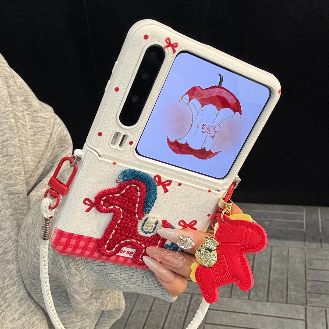 适用华为purax典藏版手机壳红白皮质pocket2波点蝴蝶结刺绣马手绳