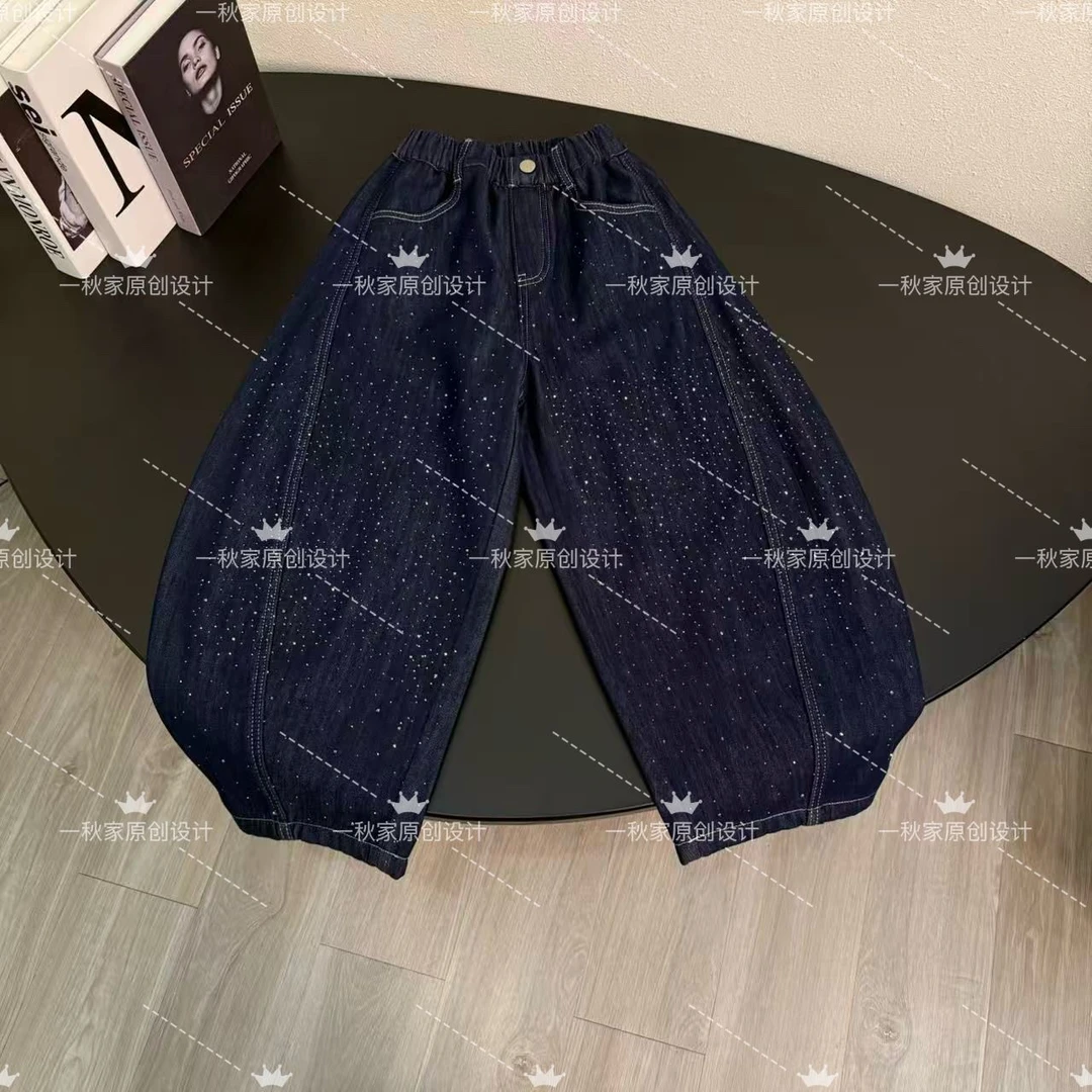 儿童亮闪闪加绒牛仔裤2025冬季新款中大童时尚百搭简约休闲阔腿裤