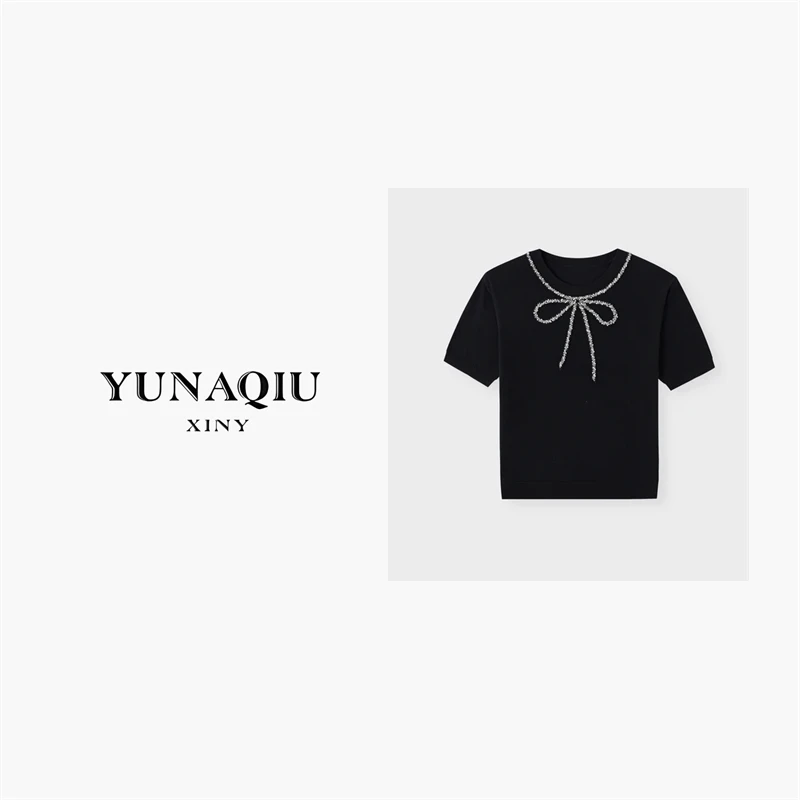 YUNAQIU-黑色圆领水晶蝴蝶结女夏2025重工钉珠短袖t恤上衣-9368