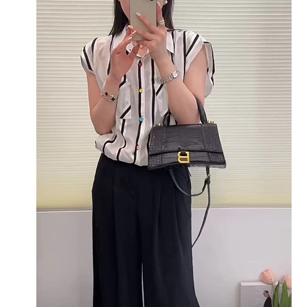 M胸120长53条纹短袖雪纺衬衫设计感抽绳翻领洋气百搭小衫 9019