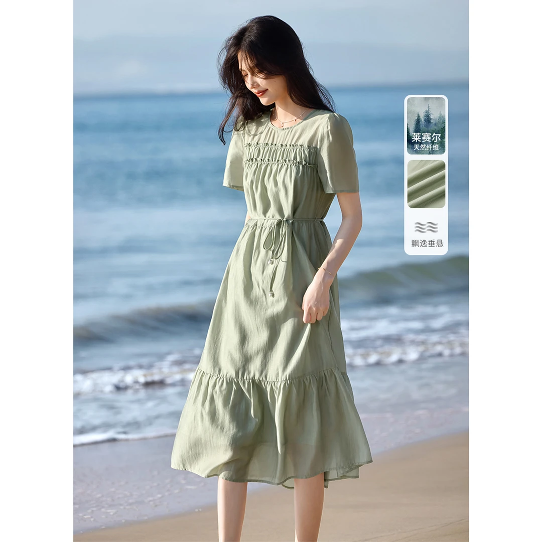 2025夏季新款气质灵动圆领短袖天丝透气收腰显瘦连衣裙女1054