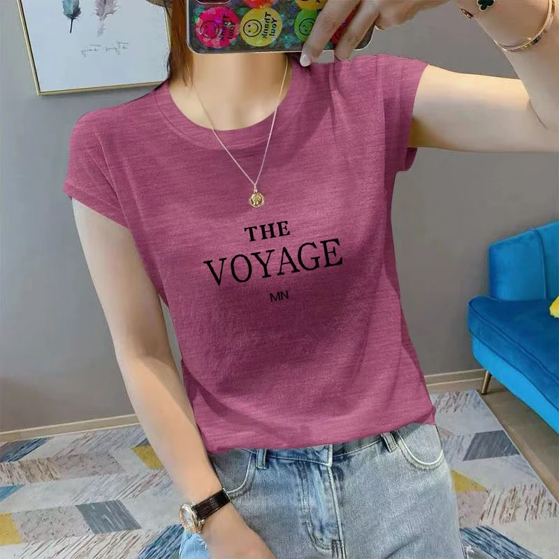 减龄韩版竹节棉正肩小众ins风休闲上衣宽松短袖T恤女夏装印花半袖