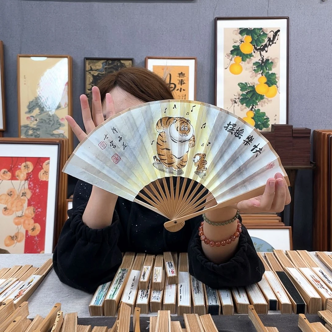 国画6寸玉竹-纯手绘-文玩扇骨（默认粘好）