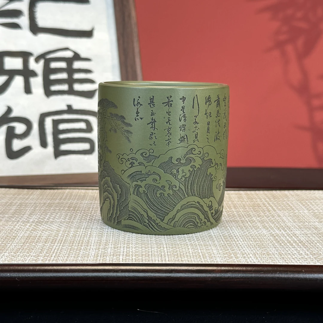 宜兴原矿紫砂绿泥主人杯刻绘观沧海大容量人物直筒杯高档茶具