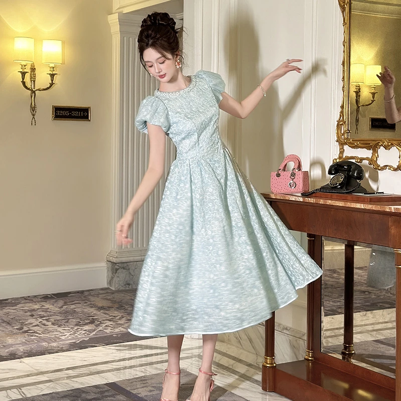 优雅长裙夏季修身夏季收腰印花连衣裙法式森系长款复古裙子45147