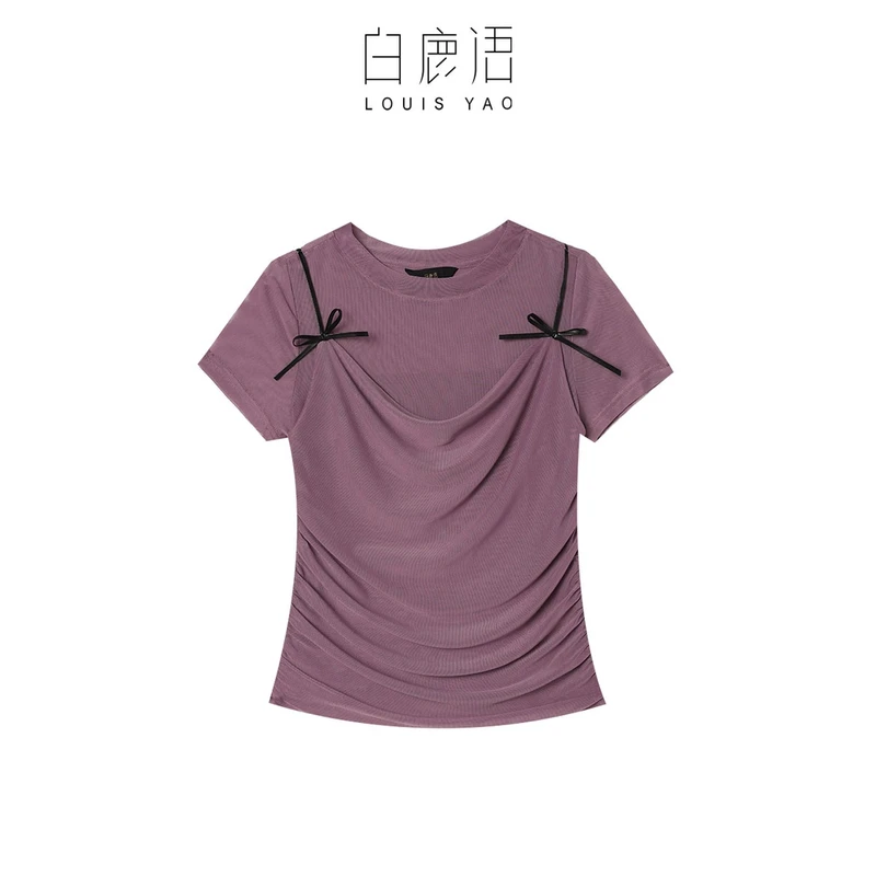 DY【商场同款新品】紫色假两件网纱拼接荡领显瘦女式短袖T恤上衣女