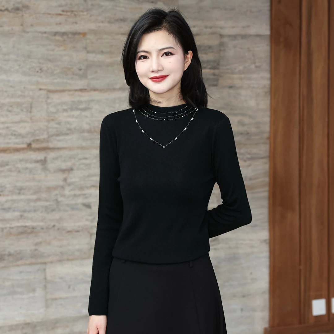 枫竺阿楠anan绵羊毛气质立领烫钻套头毛针织衫女秋长袖修身上衣